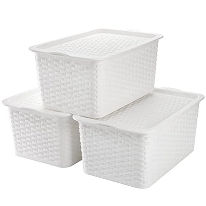 Dicunoy 4 Pack Lidded Storage Bins with Lids, White Stackable Storage Baskets for Shelf, Plastic Pantry Organizer with Handle for Home, RV, Lockers, Classrooms, School, Toys, 11" x 7" x 5"