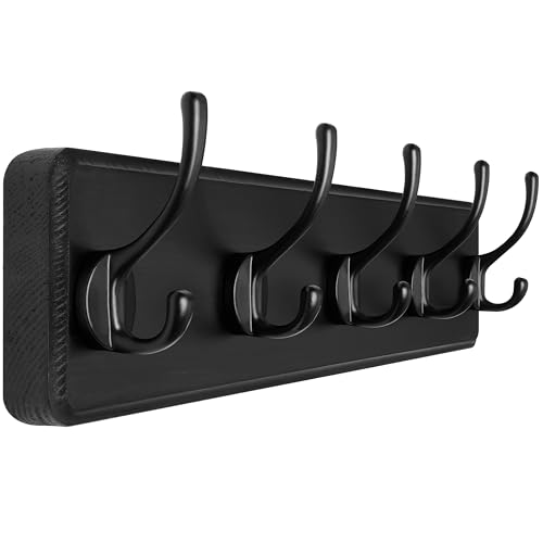 SKOLOO Rustic Wall Mounted Coat Rack, Pine Solid Wood Coat Hook Hanger - 5 Hooks for Hanging Clothes Robes Towels Coats - color: Black Plate & Black Hook, size: 1 Item-5 Hooks