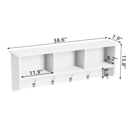 38.6inch Wall Mounted Entryway wooden Coat Rack with Storage Shelf 4 Dual Hooks Wooden Storage Living Room Wall Cabinet with 3 Cubbies Space Saving Hanging Shelf for Hats Bags Coats (White) - color: White