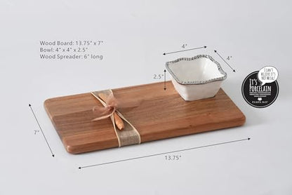 Pampa Bay Acacia Charcuterie Board with Porcelain White & Silver Dipping Bowl and Wood Spreader - color: White & Silver