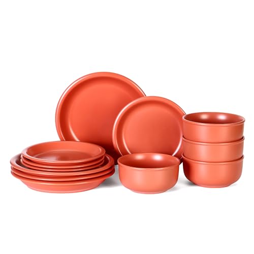 GZG Vintage Series Ceramic Dinnerware Set for 4, 12 Pieces, Terracotta Red | Stoneware Plates and Bowls Set, Lead-Free, Handcrafted Dishes Set, Microwave & Dishwasher Safe - color: Terracotta Blush, size: Service for 4(12pcs)