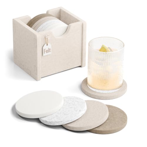 Fluxynara Felt Coasters for Drinks, Set of 8 Absorbent Coasters with Holder, Heat-Resistant & Reusable Round Design for Coffee Table & Living Room, 3.94 Inch | Round Felt Coasters, Absorbent, Heat-Resistant & Reusable for Drinks, Ideal for Coffee Tables a