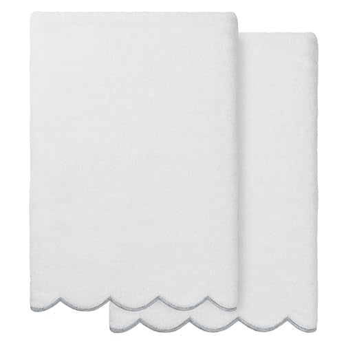 Grace Scallop Personalized Bath Towels, Grey 2 Piece Custom Bath Towels, Monogrammed Towels in Soft Turkish Cotton for Elegant Bathroom Decor-Grey-2 Pcs Bath Towel - color: Grey, size: 2 Pcs Bath Towel