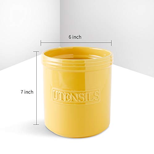 KOOV Cooking Utensil Holder, Large Ceramic Utensil Crock, Deep and Stable, Utensil Caddy for Countertop Letter Series (Yellow) - color: Yellow
