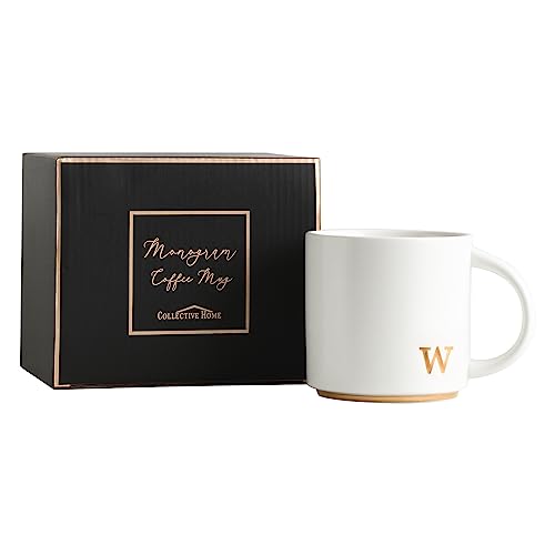 COLLECTIVE HOME Ceramic Coffee Mug, 15 oz Monogram Cup with Gift Box(W) | Dishwasher Safe, Engraved Gold Letter , Personalized Housewarming Birthday Present, Christmas Thanksgiving Mothers Day Gifts - color: gold-w