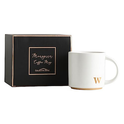 COLLECTIVE HOME Ceramic Coffee Mug, 15 oz Monogram Cup with Gift Box(W) | Dishwasher Safe, Engraved Gold Letter , Personalized Housewarming Birthday Present, Christmas Thanksgiving Mothers Day Gifts - color: gold-w