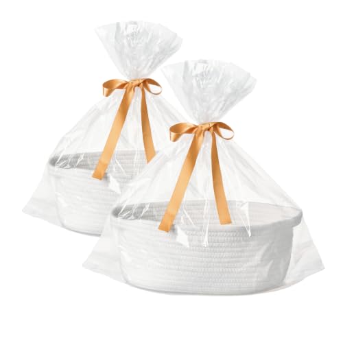 2-Pack Small Woven Gift Baskets Empty with Bags & Ribbons, Storage Basket for Father's Day for Dad, Baby Shower, Raffle, Birthday, Cute Organizer with Handles, 12"x8"x5", White - color: White, size: 2 Packs