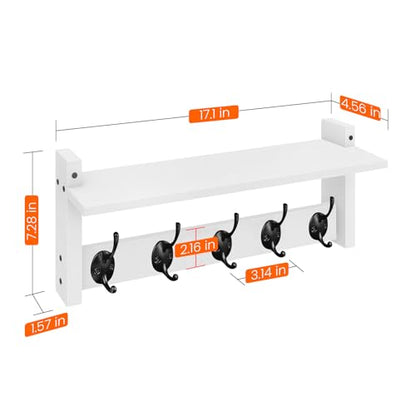 Wall Shelf with Hooks, Coat Rack Wall Mount with Pegs, Hanging Entryway Coat Hanger, Wood and Iron Shelf for Bathroom, Hallway, Bedroom, White - color: White, size: 17.1 Inch Long