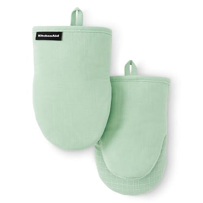 KITCHENAID Gourmet Series Gridlines Mini Oven Mitts 2-Pack Set, Heat Resistant up to 600°F, Soft Silicone Grip, Magnetic Cuff, Pistachio Green, 5.5"x9" - color: Pistachio Green