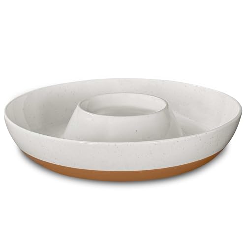 Mora Ceramic Chips and Dip Serving Tray: Large Divided Party Bowl Set for Chips & Salsa, Veggies & Dip, Fruit, Snacks, Entertaining, Hosting, etc. Minimalist Design for the Modern Hostess - White - color: Vanilla White