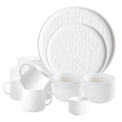 AOSIFIEL Ceramic Dinnerware set with Mugs for 4, 20 pcs, Dish set for 4, Porcelain Plates and Bowls Sets, White Dishware Sets Stoneware Dinner Plates Sets Platos de Cocina Vajilla - color: White Rock-Textured with Mug（20pcs）