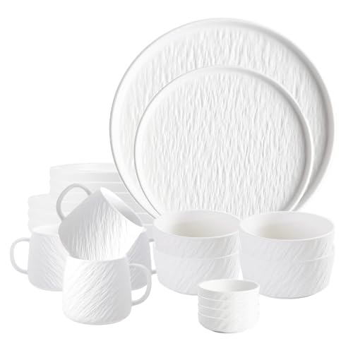 AOSIFIEL Ceramic Dinnerware set with Mugs for 4, 20 pcs, Dish set for 4, Porcelain Plates and Bowls Sets, White Dishware Sets Stoneware Dinner Plates Sets Platos de Cocina Vajilla - color: White Rock-Textured with Mug（20pcs）