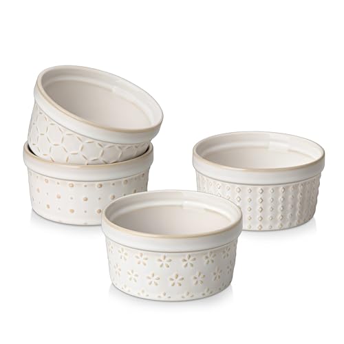 MALACASA 6 oz Ceramic Ramekins Set of 4, Creme Brulee Souffle Oven Safe | Small Ceramic Ramekins Oven Safe for Dipping Sauce, Custard, Arctic White - size: 6 oz