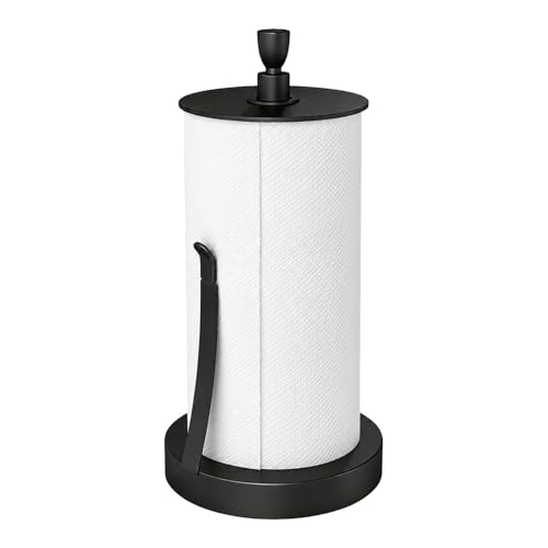 Heavy Duty Paper Towel Holder Countertop with Top Damping Disc Black | Easy One-Handed Tear, Weighted Base Non-Slip, Tension Arm Prevents Unraveling, Countertop Paper Stand for Kitchen, Bathroom - color: Black