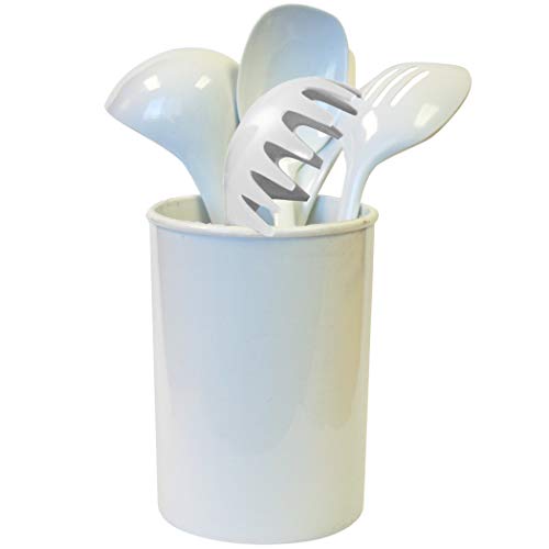 Reston Lloyd 6 Piece Kitchen Utensil Holder for Kitchen Counter, Utensils Crock with Heat Resistant Spoon, Slotted Spoon, Ladle, Spatula BPA Free, White - color: White, size: Utensil Holder Set