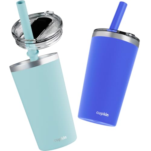 CUPKIN Toddler Tumblers, The Original 12 oz Stackable Stainless Steel Cups, Set of 2 Powder Coated Insulated Kids Water Bottle Alternative + BPA Free Lids + Reusable Silicone Straws (Cobalt + Mint) - color: Cobalt + Mint, size: 12 Fl Oz (Pack of 2)