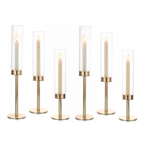 Hewory Gold Candlestick Holders: 6PCS Cylinder Glass Hurricane for Tapers | Elegant Tall Taper Candle Holders at 3 different heights, Table Centerpiece for Halloween, Party, Gothic Christmas Decor - color: Gold, size: 6pcs