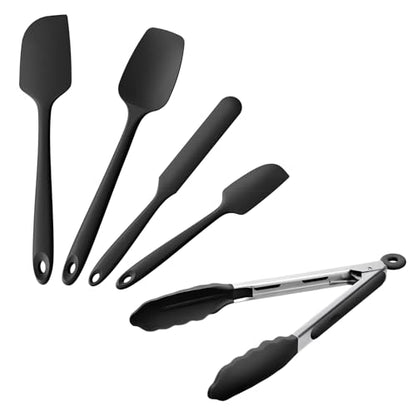 Doosu 9in Kitchen Tong for Cooking - 600°F Heat Resistant Food Tong with Non-Scratch Silicone Tips & 4-Piece Silicone Spatula Set Kitchen BPA Free Food Grade Baking Supplies Cooking Tools (Black)