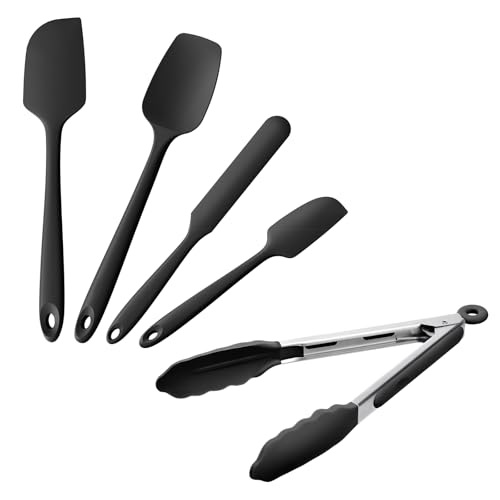 Doosu 9in Kitchen Tong for Cooking - 600°F Heat Resistant Food Tong with Non-Scratch Silicone Tips & 4-Piece Silicone Spatula Set Kitchen BPA Free Food Grade Baking Supplies Cooking Tools (Black)