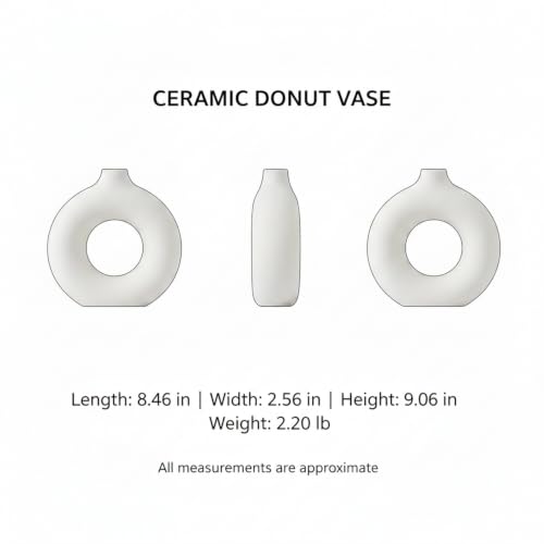Ceramic Donut Vase, White Sculptural Ring Centerpiece for Shelf Mantel Desk Display (1 PC) - size: 8.46 x 2.56 x 9.06 in