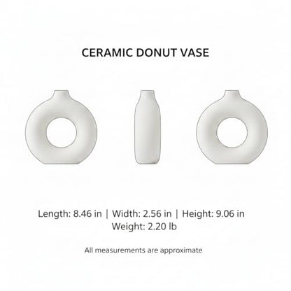 Ceramic Donut Vase, White Sculptural Ring Centerpiece for Shelf Mantel Desk Display (1 PC) - size: 8.46 x 2.56 x 9.06 in