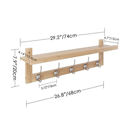 SMIBUY Coat Hooks with Shelf Wall-Mounted, 29.2 Inch Entryway Coat Rack for Wall, Bamboo Hanging Shelf with 5 Double Metal Hooks for Bathroom, Bedroom, Kitchen, Living Room, Mudroom (Natural) - color: Natural
