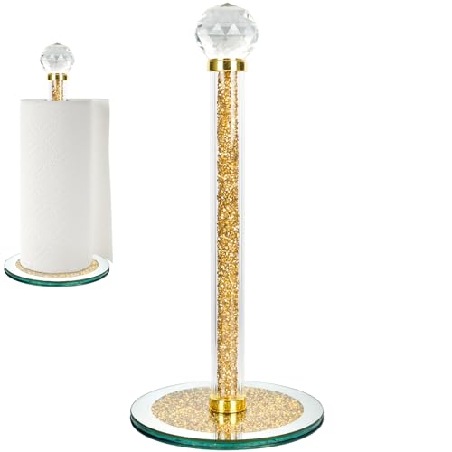 Paper Towel Holder Stand,Gold Countertop Paper Towel Roll Dispenser Holders with Round Base, Tissue Countert Filled with Crystal Sparkly Crushed Diamonds House Decor for Kitchen Bathroom，Heavy Weight - color: Gold-round
