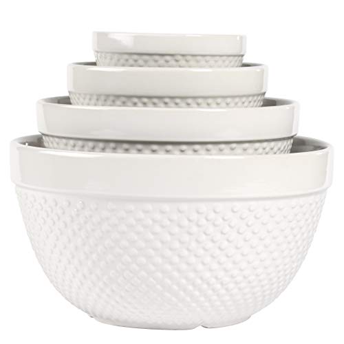 Tabletops Gallery Hobnail Style 4 Piece Classic White Stoneware Nesting Mixing Bowl Set for Baking and Cooking - color: White