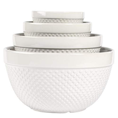 Tabletops Gallery Hobnail Style 4 Piece Classic White Stoneware Nesting Mixing Bowl Set for Baking and Cooking - color: White