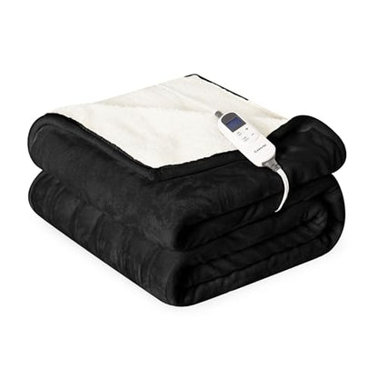 Heat Blanket 50”x60” Throw,Soft Flannel & Sherpa Reversible Electric Blanket with 10 Heat Settings,12 Timer Setting and 8 Hours Auto-Shut Off,ETL Certified Machine Washable,Black - color: Black, size: 50*60in