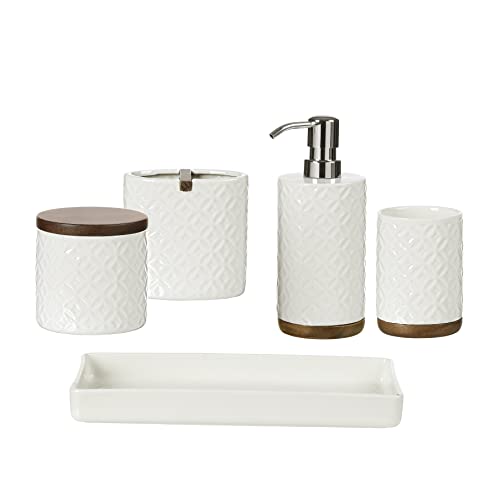 Bathroom Accessories Set, 5-Piece Ceramic and Wood Bath Accessory Complete Set with Lotion Dispenser/Soap Pump, Cotton Jar, Vanity Tray, Tumbler and Toothbrush Holder (White and Beige)