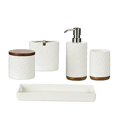 Bathroom Accessories Set, 5-Piece Ceramic and Wood Bath Accessory Complete Set with Lotion Dispenser/Soap Pump, Cotton Jar, Vanity Tray, Tumbler and Toothbrush Holder (White and Beige)