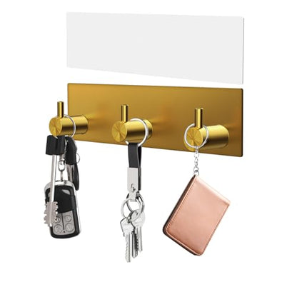 VIS'V Key Holder Wall Mount, Small Adhesive Key Hanger with 3 Hooks, Gold | Metal Material, No Drilling, Extra Adhesive Strip, Suitable for Entryway, Hallway, Doorway, Kitchen, Garage, Camper - color: Gold