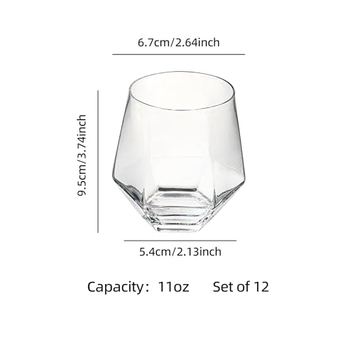 Diamond Wine Glasses Set of 12, 11 oz Stemless Tumbler Glasses | Clear Glass for Wine, Cocktail, Whiskey, Juice, Soda - Ideal for Parties, Home Bar, Daily Use & Gift Giving