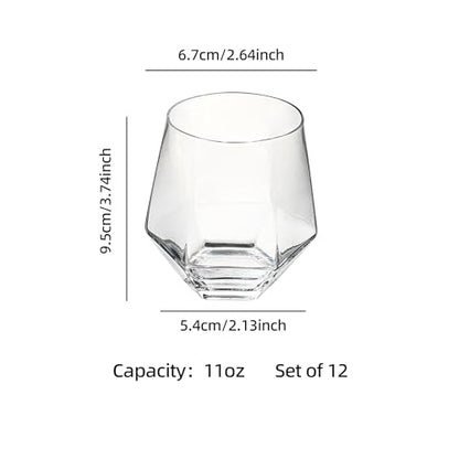 Diamond Wine Glasses Set of 12, 11 oz Stemless Tumbler Glasses | Clear Glass for Wine, Cocktail, Whiskey, Juice, Soda - Ideal for Parties, Home Bar, Daily Use & Gift Giving