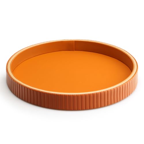 Leather Tray Desktop Storage Organizer, Round Valet Tray, Orange | Premium Serving Trays Decorative Tray Desk Organizer for Sundries Cosmetics Phone Wallet Keys Cutlery, 10x10in - color: Orange Disc
