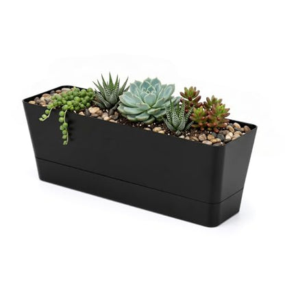 GREANER 12x3.8 Inch Herb Planters, 1 Pack Rectangle Window Boxes with Tray, Indoor Succulent Cactus Mint Plastic Pot for Windowsill, Balcony, Office, Outdoor Garden - Black - size: 1Pack/12x3.8in-black