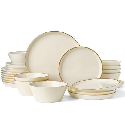 Famiware Saturn Stoneware Dishes Dinnerware Set for 8, Rimmed Plates, Bowls | Vanilla White, 24-Piece Ceramic Kitchenware, Chip and Scratch Resistant, Microwave & Dishwasher Safe, Modern Rustic Tableware - color: Vanilla White, size: 24