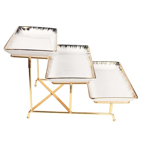Three-Tier Ceramic Plate Rack - Foldable Gold Plate Rack with Three Large 11.4-inch White Plates for displaying Food, Fruit, Desserts, and Entertaining Guests. - color: 3-tier 11.4 Inch Serving Rack