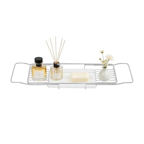 Expandable Bathtub Tray, Stainless Steel Bath Caddy with Marble Board, Adjustable 26.8-35.4 Inch Bathtub Shelf for Bathroom Spa