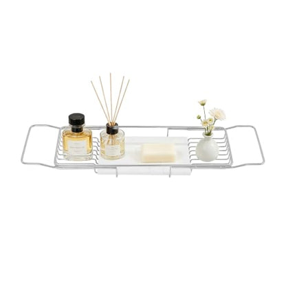 Expandable Bathtub Tray, Stainless Steel Bath Caddy with Marble Board, Adjustable 26.8-35.4 Inch Bathtub Shelf for Bathroom Spa