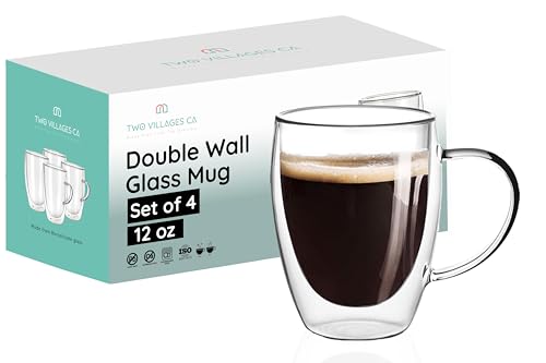 12 Oz Double Wall Borosilicate Insulated Glass Coffee Mug Set of 4, 350ml Coffee Cups with Handle for Cappuccino, Tea, Latte - Perfect Cappuccino Cup Gift - color: 4 pcs 12 oz