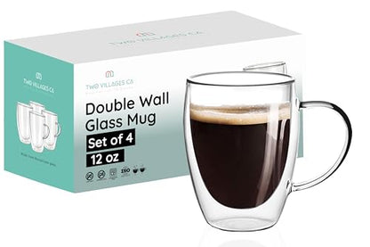 12 Oz Double Wall Borosilicate Insulated Glass Coffee Mug Set of 4, 350ml Coffee Cups with Handle for Cappuccino, Tea, Latte - Perfect Cappuccino Cup Gift - color: 4 pcs 12 oz