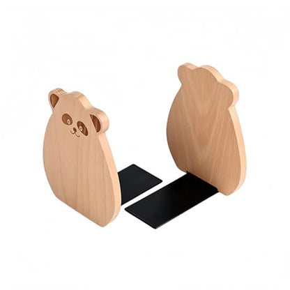 2-Pack Panda Beech Bookends, 5.9x4.7in | Solid Wood, Natural Grain, Non-Slip Base, Detachable, for Shelves/Desk/Kids Room - color: Beech Wood Panda