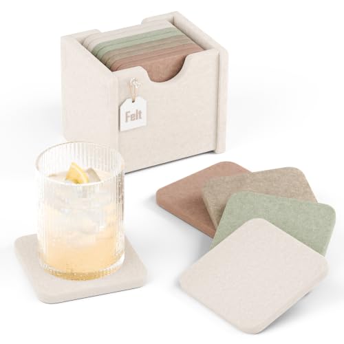 Fluxynara Felt Coasters with Holder, Set of 8 for Drinks, Boho | Square Felt Coasters, Absorbent, Heat-Resistant & Reusable for Drinks, Ideal for Coffee Tables and Living Rooms, 3.94 Inch - color: Boho, size: Square - 8 Count