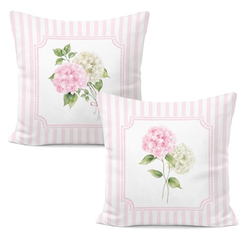 Pink and White Hydrangea Floral Pillow Covers 18x18, Cottagecore Botanical Flower Pink Striped Decorative Pillow Covers for Home Girls Dorm Room Bedroom Apartment, Set of 2 - color: White-pink White Hydrangea