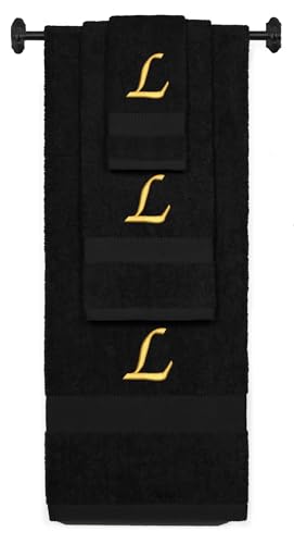 Monogrammed Bath, Hand, Washcloth Cotton Towel Set, Personalized Gift 3Pc-L - color: Black & Gold, size: Initial L