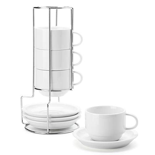 Sweese 8 Ounce Porcelain Stackable Cappuccino Cups with Saucers and Metal Stand - for Specialty Coffee Drinks, Cappuccino, Latte, Americano and Tea - Set of 4, White - color: White, size: 8 Ounces