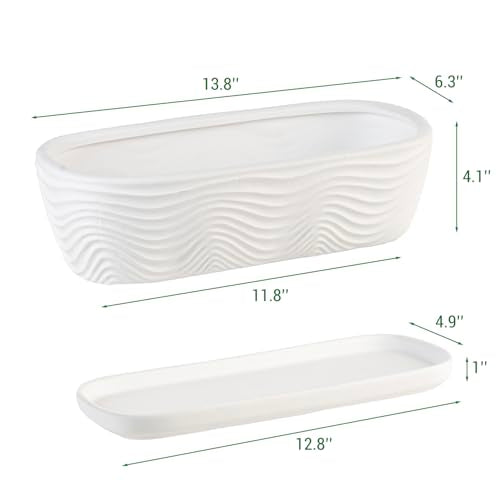 MyGift 13.5 inch Succulent Planter Pot, Oval Modern Ceramic Plant Box Container with Wave Textured Pattern and Removable Saucer Drip Tray (White) - color: White