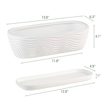 MyGift 13.5 inch Succulent Planter Pot, Oval Modern Ceramic Plant Box Container with Wave Textured Pattern and Removable Saucer Drip Tray (White) - color: White